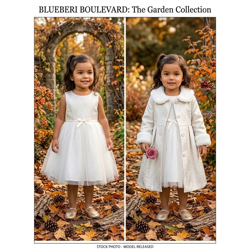 Blueberi Boulevard Girls Ivory Dress With Jacket Fur Collar and Cuffs Size 2T